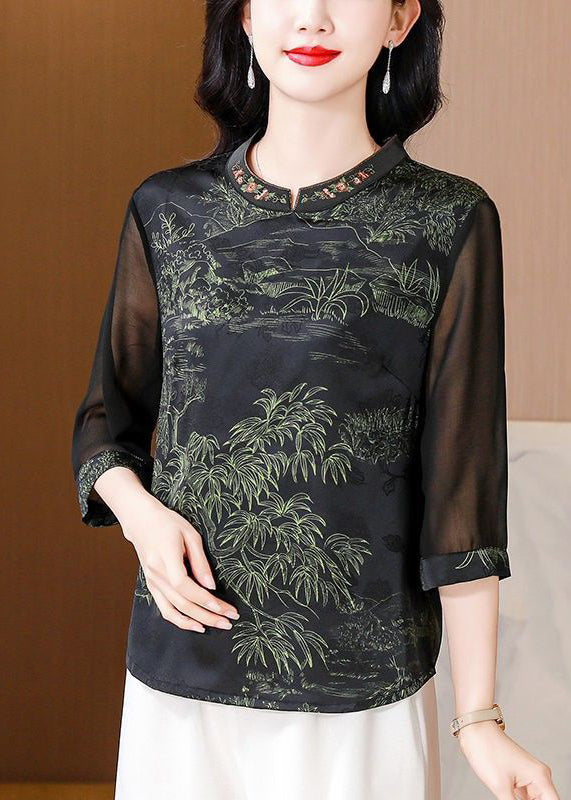 Elegant Green Stand Collar Print Silk Top Half Sleeve OP1057 Ada Fashion