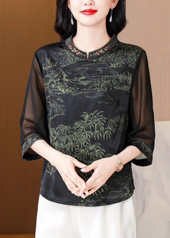 Elegant Green Stand Collar Print Silk Top Half Sleeve OP1057 Ada Fashion