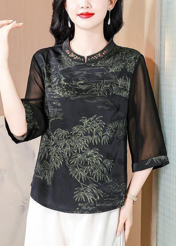 Elegant Green Stand Collar Print Silk Top Half Sleeve OP1057 Ada Fashion