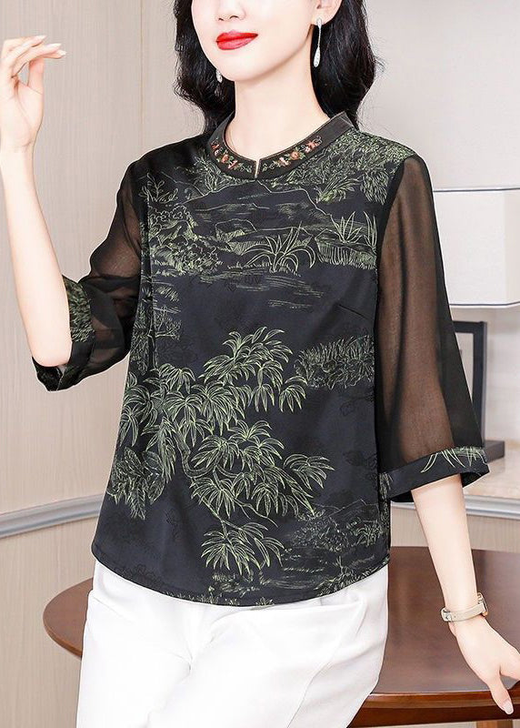 Elegant Green Stand Collar Print Silk Top Half Sleeve OP1057 Ada Fashion