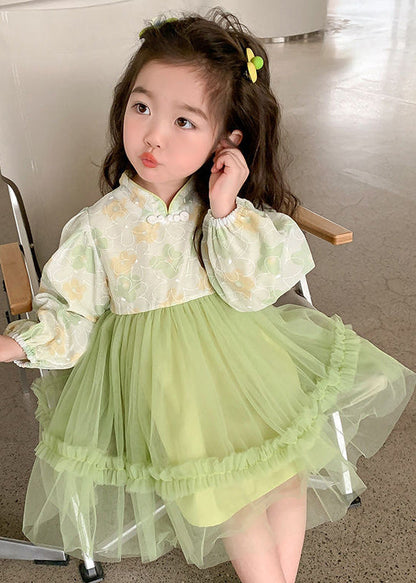 Elegant Green Stand Collar Tulle Patchwork Girls Dress Fall XZ093 FALL-MM-RCTZ-FDGM240618