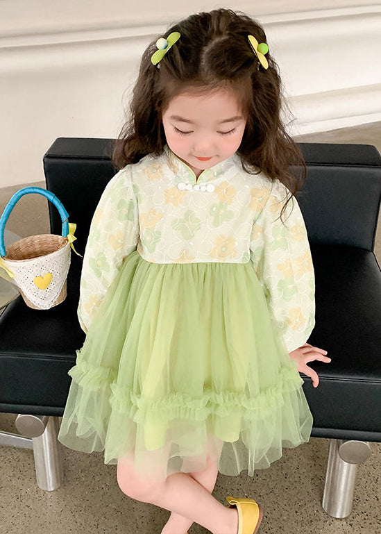 Elegant Green Stand Collar Tulle Patchwork Girls Dress Fall XZ093 FALL-MM-RCTZ-FDGM240618