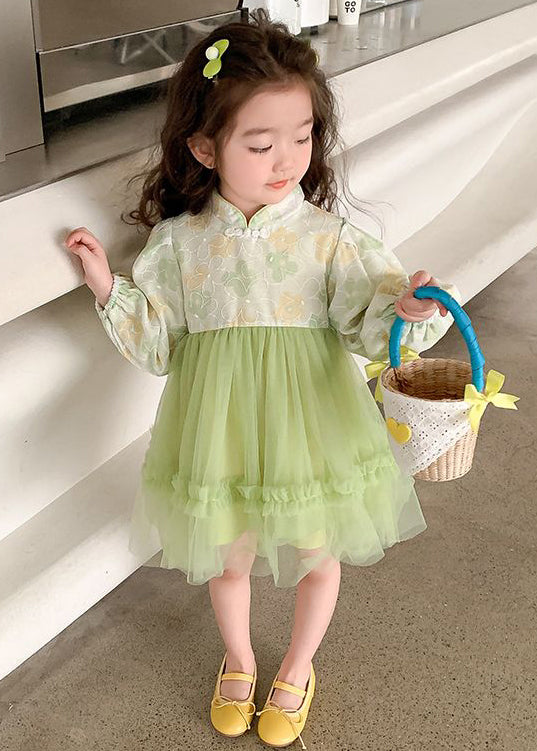 Elegant Green Stand Collar Tulle Patchwork Girls Dress Fall XZ093 FALL-MM-RCTZ-FDGM240618