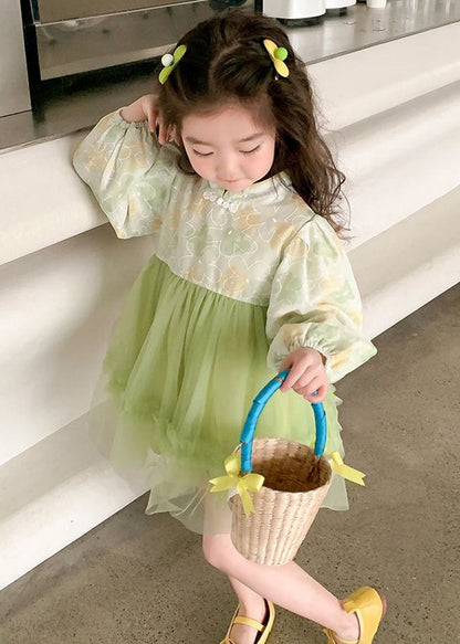 Elegant Green Stand Collar Tulle Patchwork Girls Dress Fall XZ093 FALL-MM-RCTZ-FDGM240618