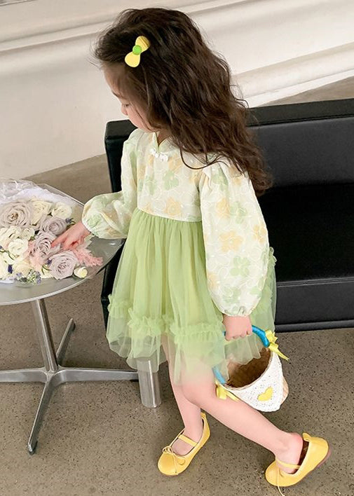 Elegant Green Stand Collar Tulle Patchwork Girls Dress Fall XZ093 FALL-MM-RCTZ-FDGM240618