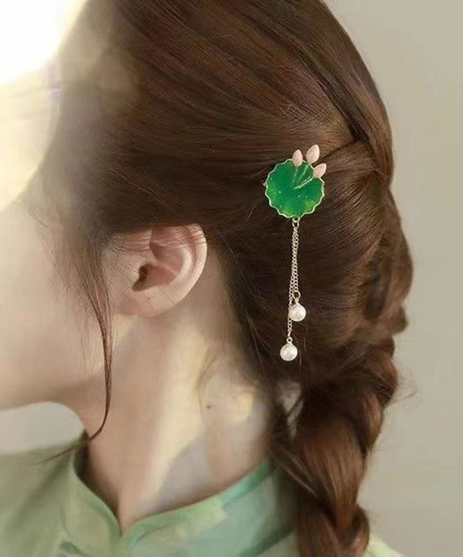 Elegant Green Sterling Silver Alloy Pearl Lotus Leaves Hairpin DF1023 Ada Fashion