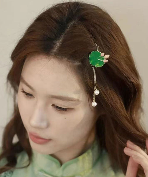 Elegant Green Sterling Silver Alloy Pearl Lotus Leaves Hairpin DF1023 Ada Fashion