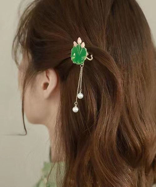 Elegant Green Sterling Silver Alloy Pearl Lotus Leaves Hairpin DF1023 Ada Fashion