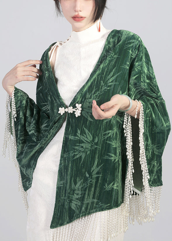 Elegant Green Tasseled Chinese Button Cotton Cape Coats Spring QA1019 Ada Fashion