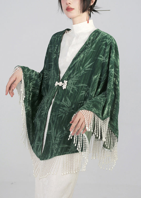 Elegant Green Tasseled Chinese Button Cotton Cape Coats Spring QA1019 Ada Fashion