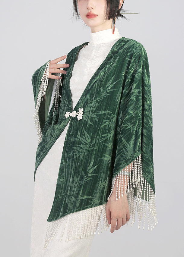 Elegant Green Tasseled Chinese Button Cotton Cape Coats Spring QA1019 Ada Fashion