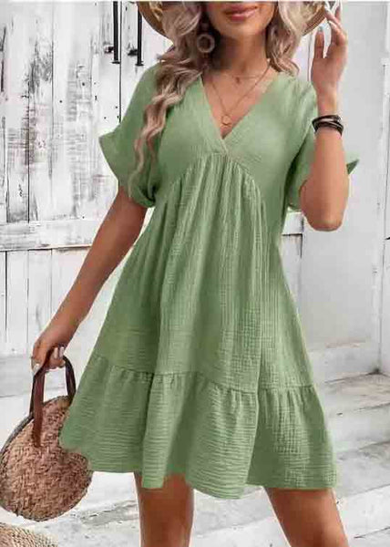 Summer Green Line A Dresses Cotton V Neck Elegant FashionChic
