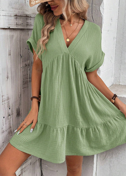 Summer Green Line A Dresses Cotton V Neck Elegant FashionChic