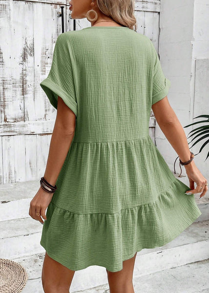 Summer Green Line A Dresses Cotton V Neck Elegant FashionChic