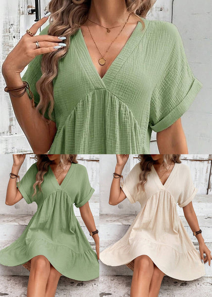 Summer Green Line A Dresses Cotton V Neck Elegant FashionChic