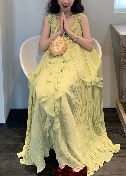 Neck Up Dress Lace Wrinkled V Green Chiffon Elegant Long FashionChic