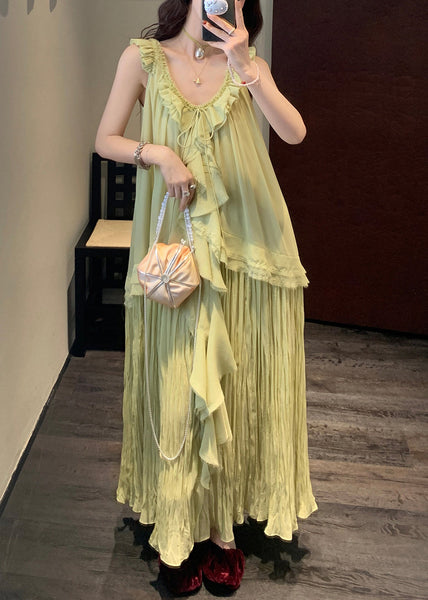 Neck Up Dress Lace Wrinkled V Green Chiffon Elegant Long FashionChic