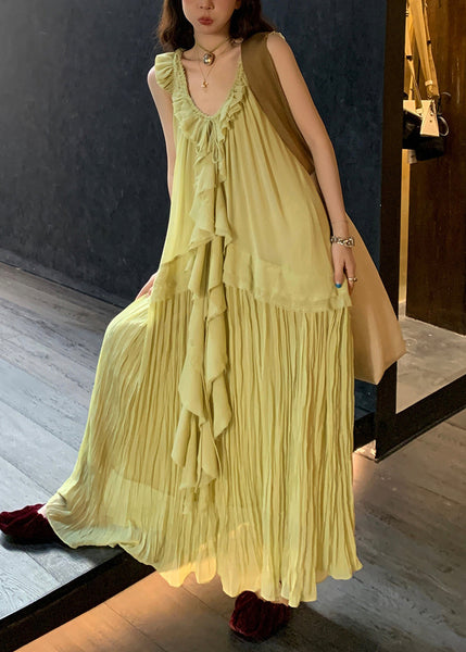 Neck Up Dress Lace Wrinkled V Green Chiffon Elegant Long FashionChic