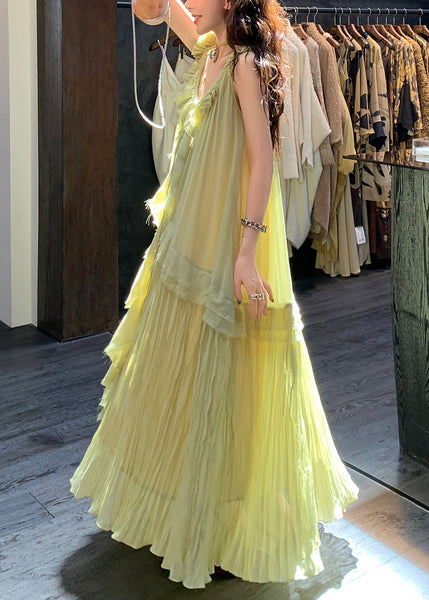 Neck Up Dress Lace Wrinkled V Green Chiffon Elegant Long FashionChic