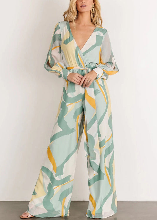 Elegant Green V Neck Print Chiffon Jumpsuit Long Sleeve AU1007 OM-ZS240902