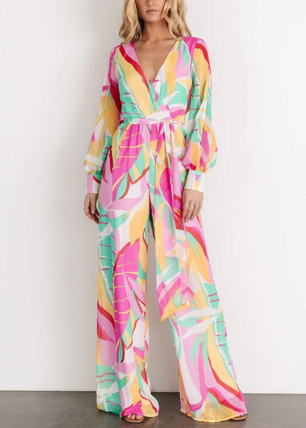 Elegant Green V Neck Print Chiffon Jumpsuit Long Sleeve AU1007 OM-ZS240902