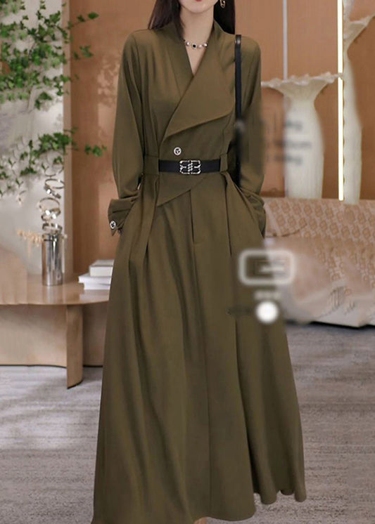 Elegant Green V Neck Waist Sashes Cotton Long Dresses Fall RF013 ABC