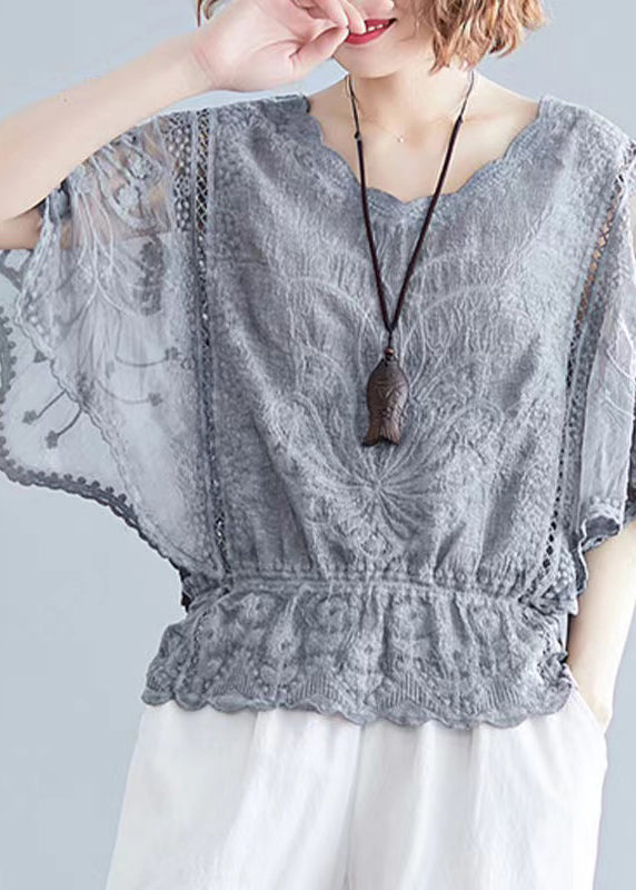 Elegant Grey Embroidered Hollow Out Cotton Top Batwing Sleeve GH1001 Ada Fashion