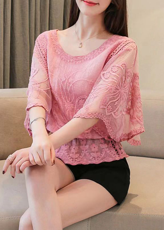 Elegant Grey Embroidered Hollow Out Cotton Top Batwing Sleeve GH1001 Ada Fashion