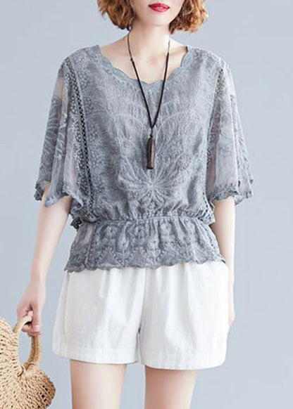 Elegant Grey Embroidered Hollow Out Cotton Top Batwing Sleeve GH1001 Ada Fashion