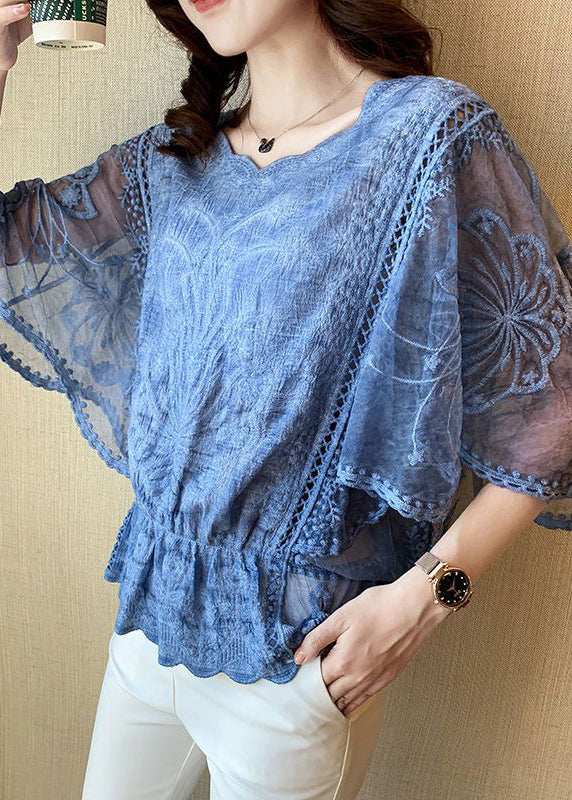 Elegant Grey Embroidered Hollow Out Cotton Top Batwing Sleeve GH1001 Ada Fashion