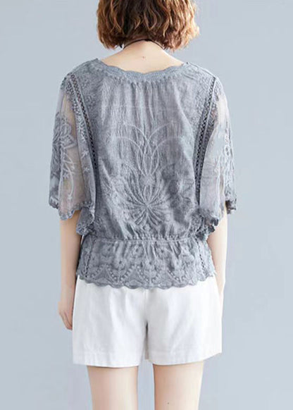 Elegant Grey Embroidered Hollow Out Cotton Top Batwing Sleeve GH1001 Ada Fashion