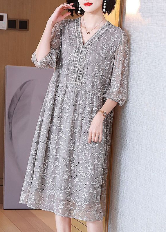 Elegant Grey Embroidered Nail Bead Patchwork Silk Dress Half Sleeve OP1054 Ada Fashion