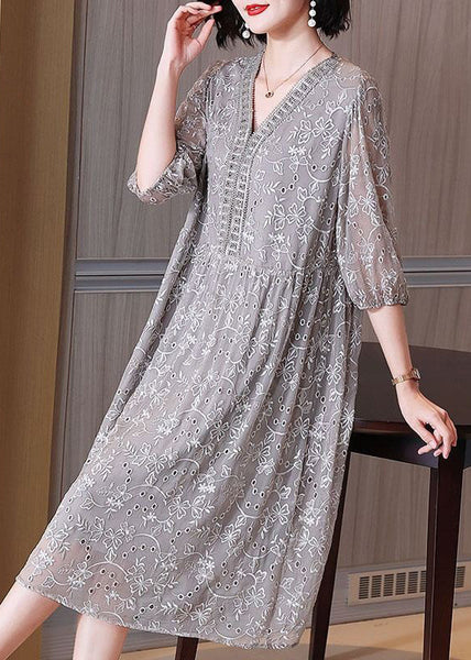 Elegant Grey Embroidered Nail Bead Patchwork Silk Dress Half Sleeve OP1054 Ada Fashion