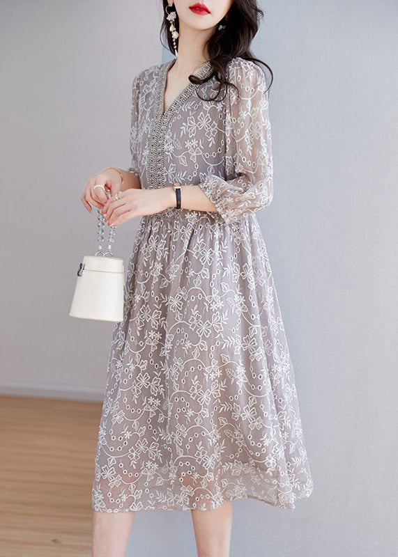 Elegant Grey Embroidered Nail Bead Patchwork Silk Dress Half Sleeve OP1054 Ada Fashion