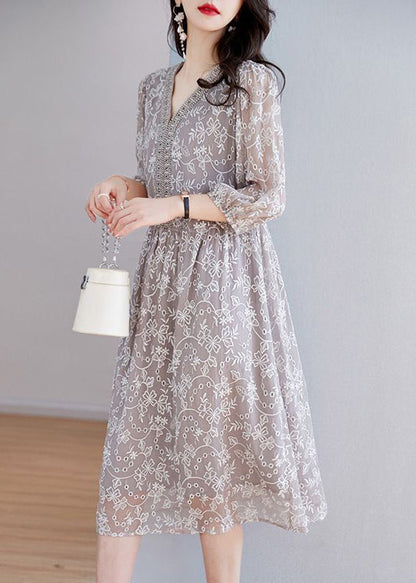 Elegant Grey Embroidered Nail Bead Patchwork Silk Dress Half Sleeve OP1054 Ada Fashion