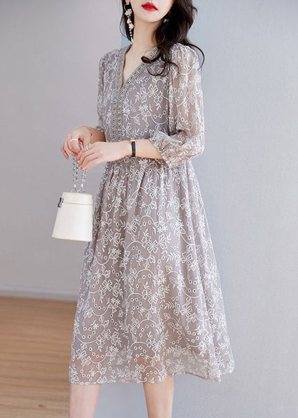 Elegant Grey Embroidered Nail Bead Patchwork Silk Dress Half Sleeve OP1054 Ada Fashion