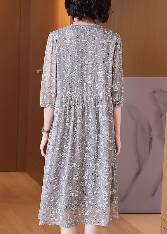 Elegant Grey Embroidered Nail Bead Patchwork Silk Dress Half Sleeve OP1054 Ada Fashion