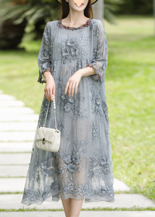 Dresses Silk O-Neck Sleeve Bracelet Elegant Embroidered Long Grey FashionChic
