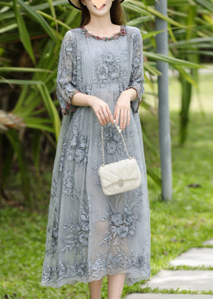 Dresses Silk O-Neck Sleeve Bracelet Elegant Embroidered Long Grey FashionChic