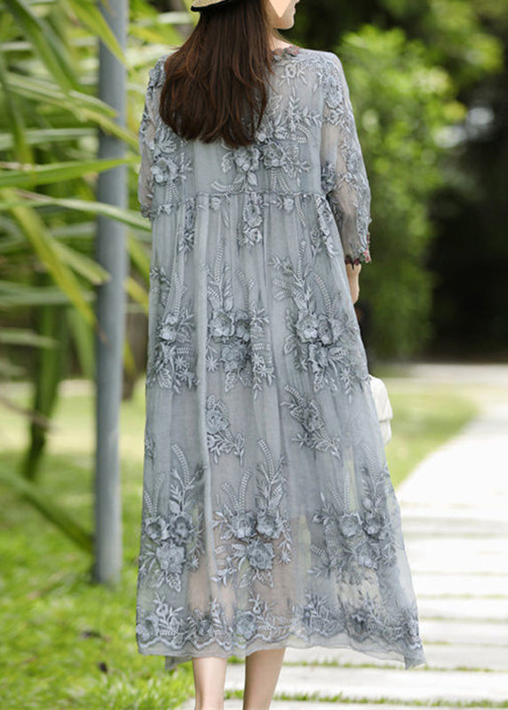 Dresses Silk O-Neck Sleeve Bracelet Elegant Embroidered Long Grey FashionChic