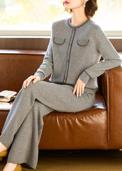 Elegant Grey O Neck Tops And Pants Wool Two Pieces Set Spring TQ026 ABC