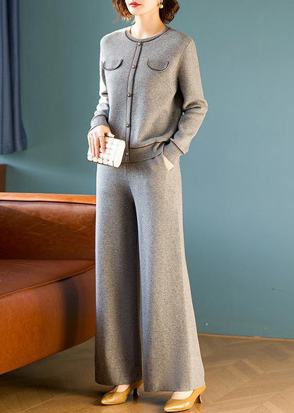 Elegant Grey O Neck Tops And Pants Wool Two Pieces Set Spring TQ026 ABC