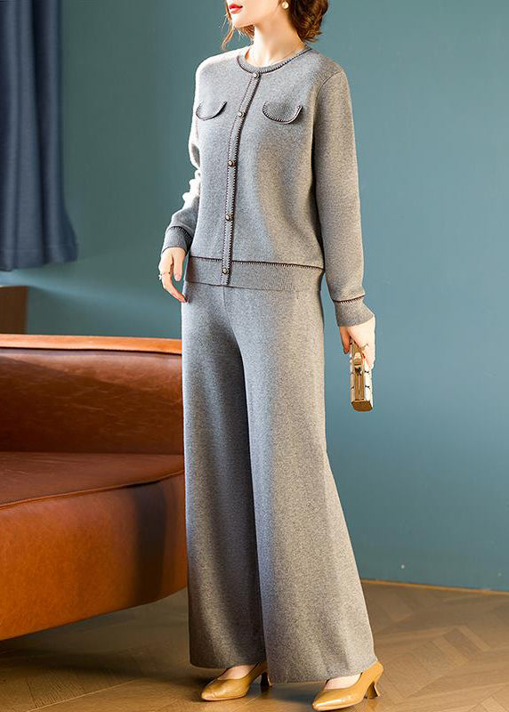 Elegant Grey O Neck Tops And Pants Wool Two Pieces Set Spring TQ026 ABC