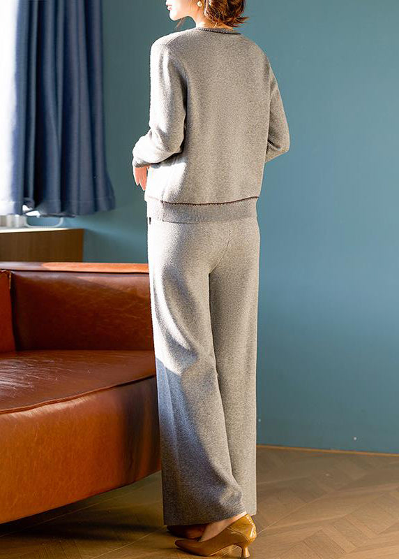 Elegant Grey O Neck Tops And Pants Wool Two Pieces Set Spring TQ026 ABC