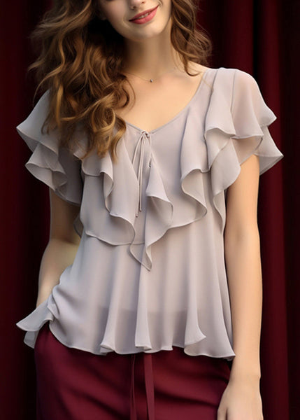 Blouses Chiffon Patchwork Ruffled Grey Summer Elegant FashionChic