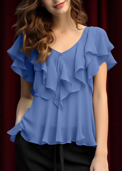 Blouses Chiffon Patchwork Ruffled Grey Summer Elegant FashionChic