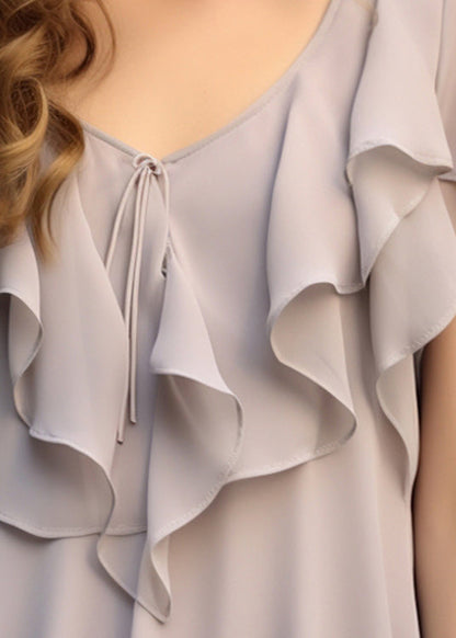Blouses Chiffon Patchwork Ruffled Grey Summer Elegant FashionChic