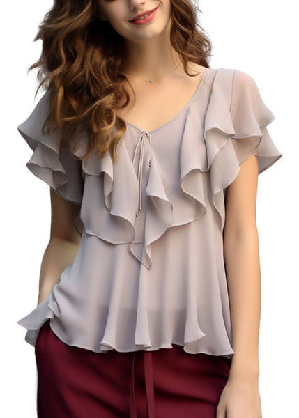Blouses Chiffon Patchwork Ruffled Grey Summer Elegant FashionChic