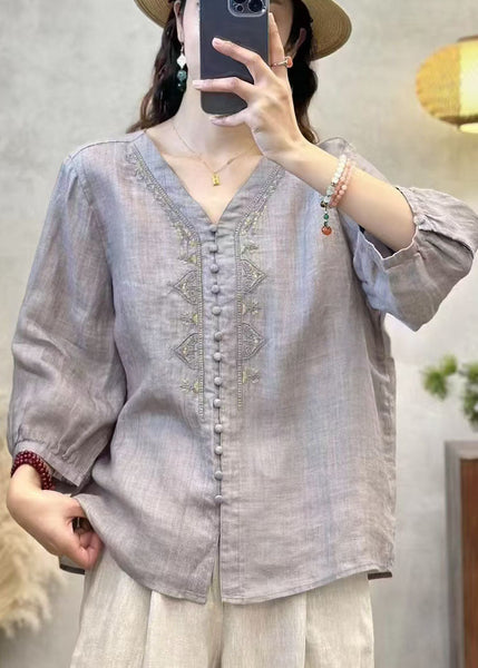 Shirts Sleeve Grey Linen Neck Bracelet Embroidered V Elegant FashionChic