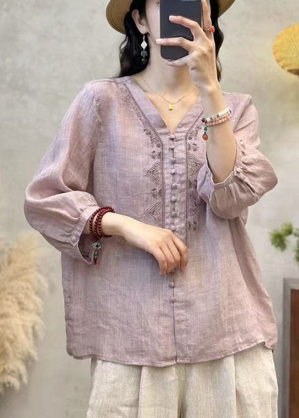 Shirts Sleeve Grey Linen Neck Bracelet Embroidered V Elegant FashionChic